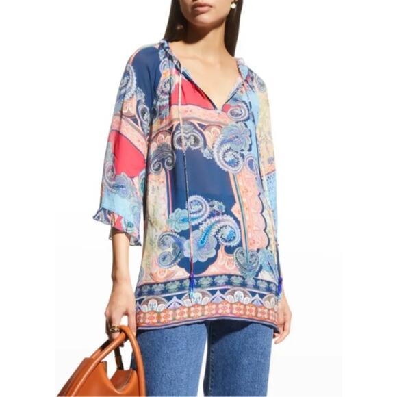Johnny Was Jade Boho Oversized Daria Multicolored Mixed Print Blouse Size XS - Picture 1 of 11